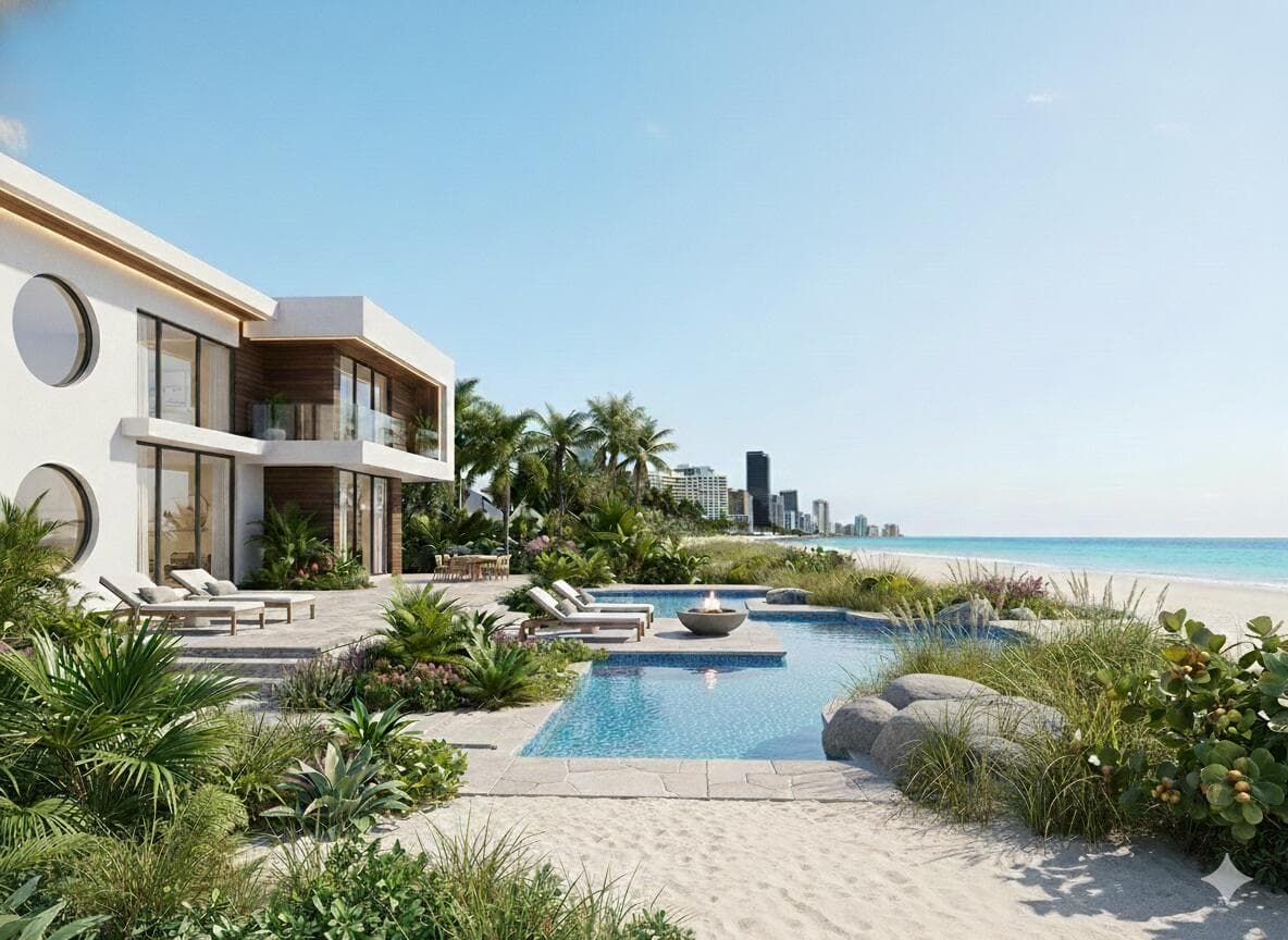 Oceanfront estate at dusk on Golden Beach, Miami