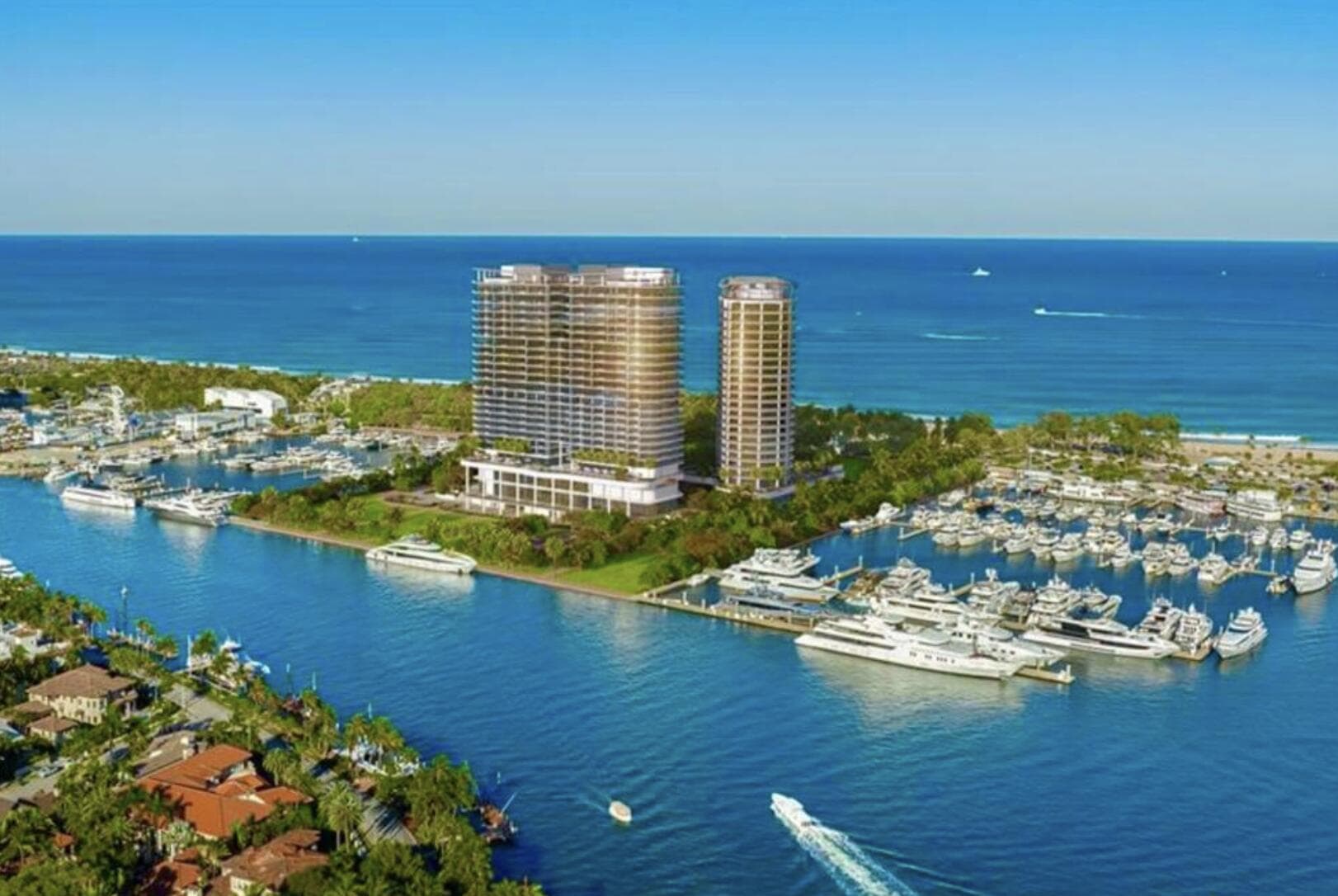 Aerial rendering of the St. Regis towers and marina